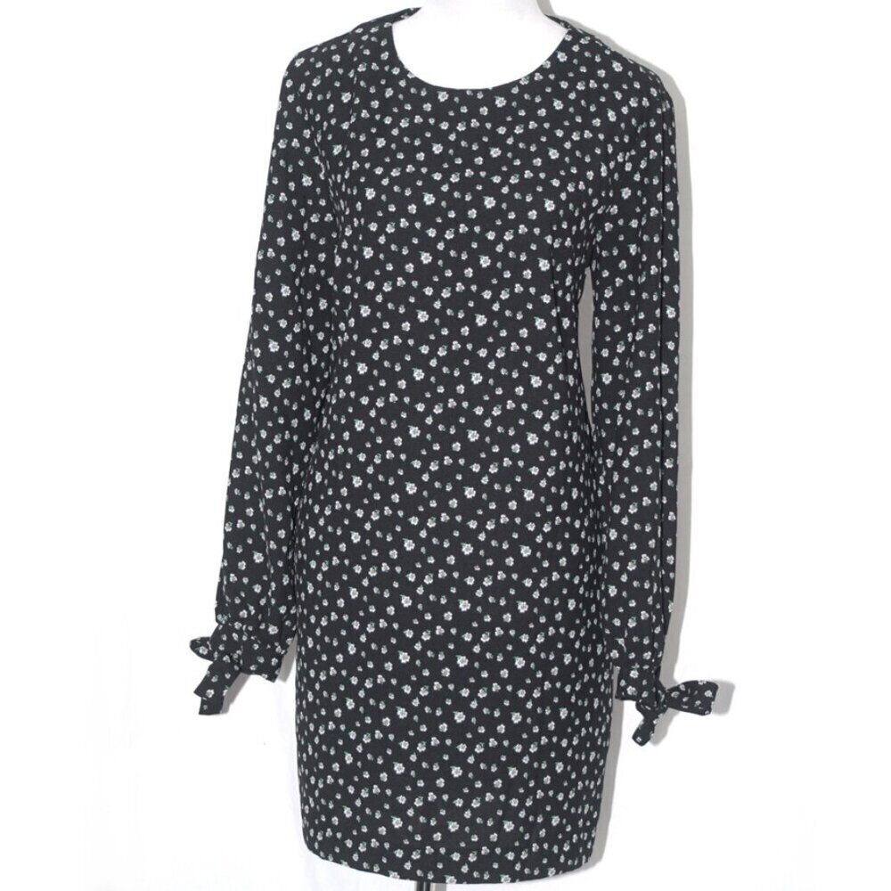 Floral Dress with Pockets Midi H&M Womens Size 14  Black Gray Green Tie Sleeves